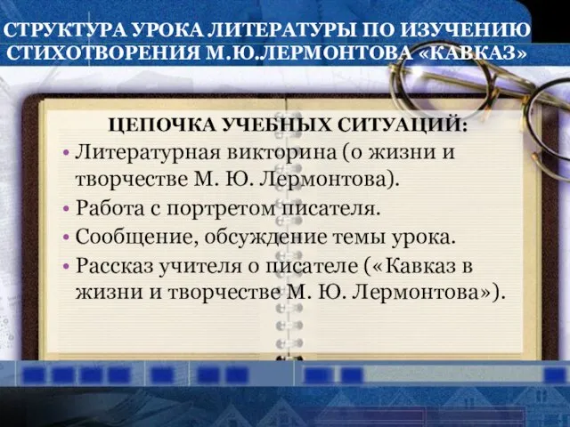 СТРУКТУРА УРОКА ЛИТЕРАТУРЫ ПО ИЗУЧЕНИЮ СТИХОТВОРЕНИЯ М.Ю.ЛЕРМОНТОВА «КАВКАЗ» ЦЕПОЧКА УЧЕБНЫХ СИТУАЦИЙ: Литературная