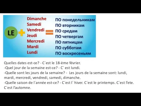 Quelles dates est-ce? - C´est le 18-ème février. -Quel jour de la