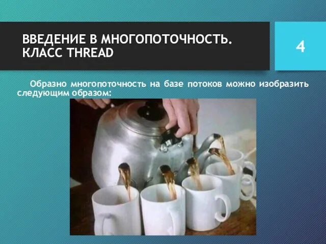 ВВЕДЕНИЕ В МНОГОПОТОЧНОСТЬ. КЛАСС THREAD Образно многопоточность на базе потоков можно изобразить следующим образом: