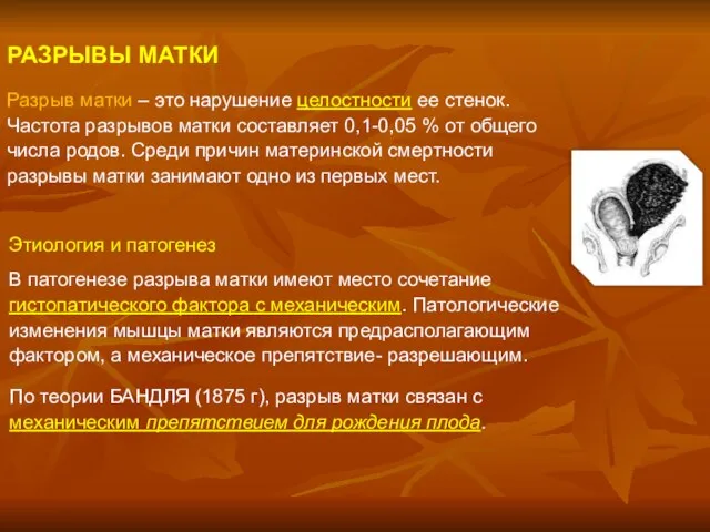 РАЗРЫВЫ МАТКИ Разрыв матки – это нарушение целостности ее стенок. Частота разрывов