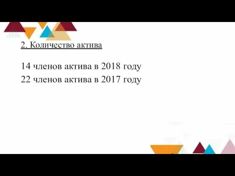 2. Количество актива 14 членов актива в 2018 году 22 членов актива в 2017 году