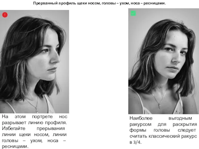 Прерванный профиль щеки носом, головы – ухом, носа – ресницами. На этом