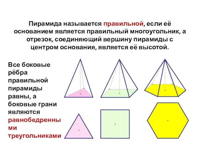Пирамида называется правильной, если её основанием является правильный многоугольник, а отрезок, соединяющий