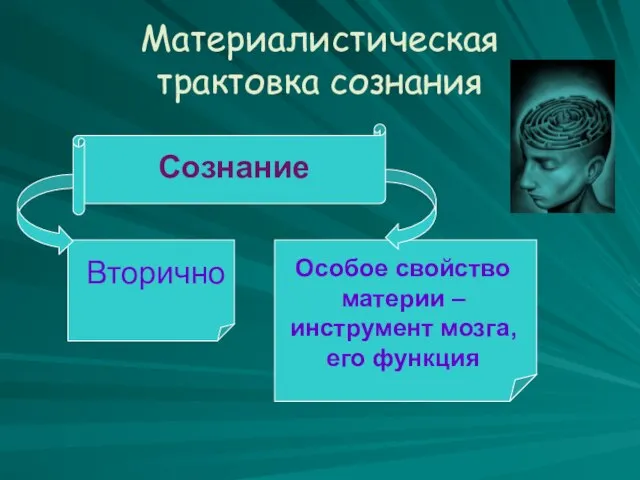 Материалистическая трактовка сознания Сознание Вторично Особое свойство материи – инструмент мозга, его функция