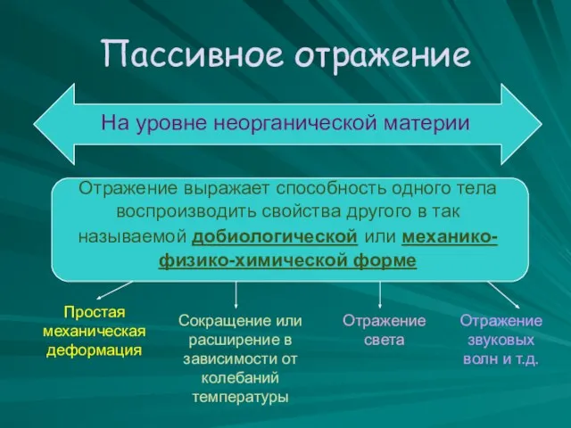 Пассивное отражение На уровне неорганической материи Отражение выражает способность одного тела воспроизводить