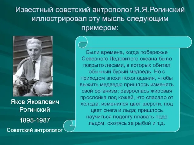 Яков Яковлевич Рогинский 1895-1987 Советский антрополог Известный советский антрополог Я.Я.Рогинский иллюстрировал эту