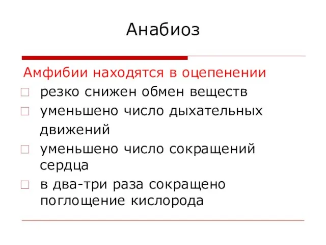 Анабиоз Амфибии находятся в оцепенении резко снижен обмен веществ уменьшено число дыхательных