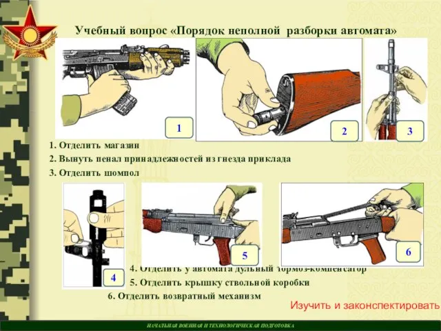 НАЧАЛЬНАЯ ВОЕННАЯ И ТЕХНОЛОГИЧЕСКАЯ ПОДГОТОВКА Учебный вопрос «Порядок неполной разборки автомата» 1.