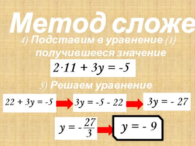 Метод сложения 4) Подставим в уравнение (1) получившееся значение аргумента x 5) Решаем уравнение