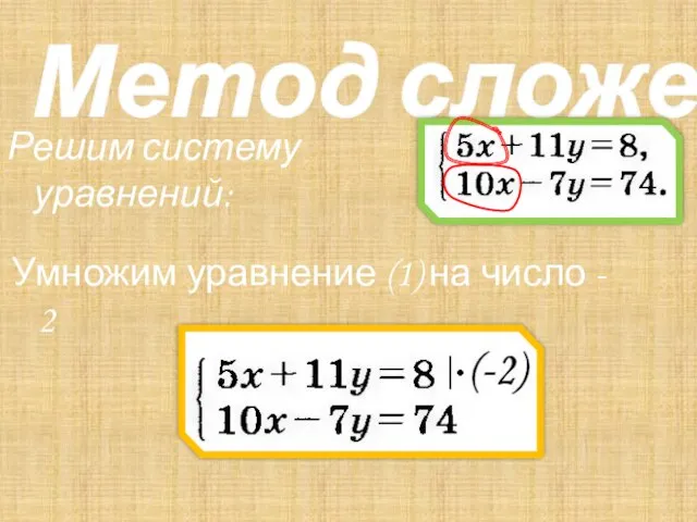 Метод сложения Решим систему уравнений: Умножим уравнение (1) на число - 2