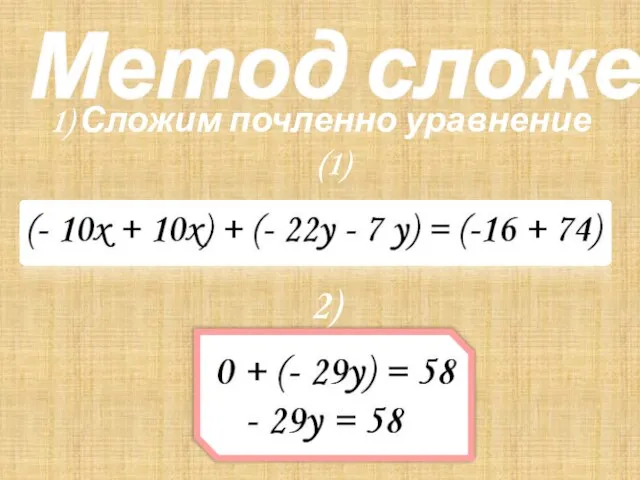 Метод сложения 1) Сложим почленно уравнение (1) и уравнение (2) 2) Упрощаем