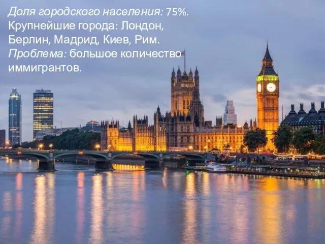 Доля городского населения: 75%. Крупнейшие города: Лондон, Берлин, Мадрид, Киев, Рим. Проблема: большое количество иммигрантов.