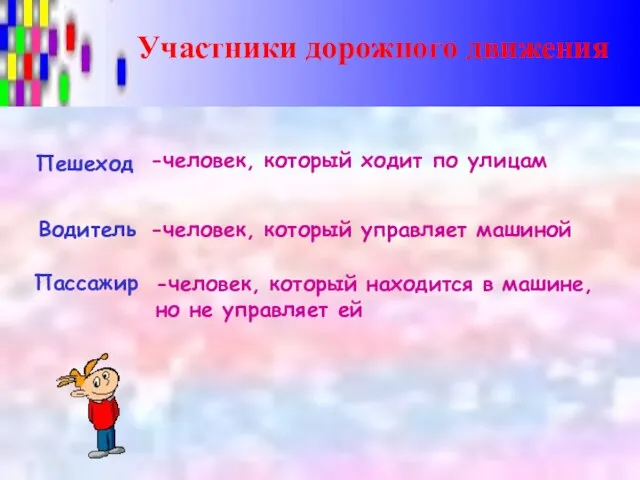 Участники дорожного движения Пешеход Водитель Пассажир -человек, который ходит по улицам -человек,