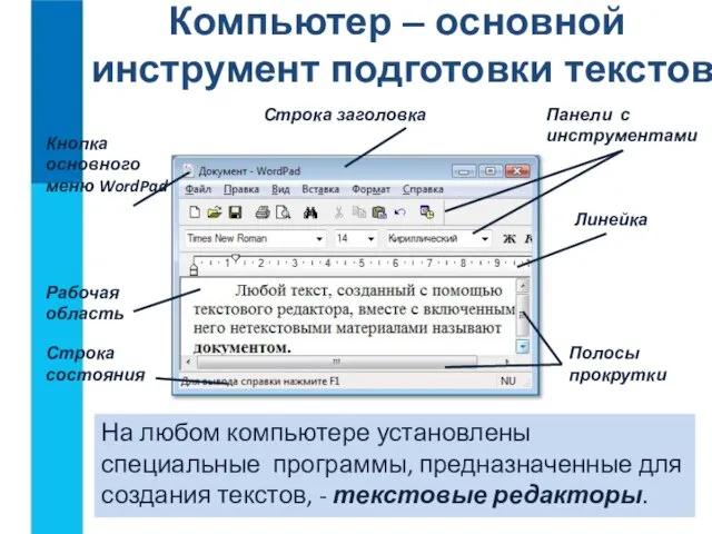 На любом компьютере установлены специальные программы, предназначенные для создания текстов, - текстовые