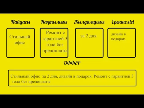 Пайдасы Нақтылығы Жылдамдығы Ерекшелігі ОФФЕР Стильный офис Ремонт с гарантией 3 года