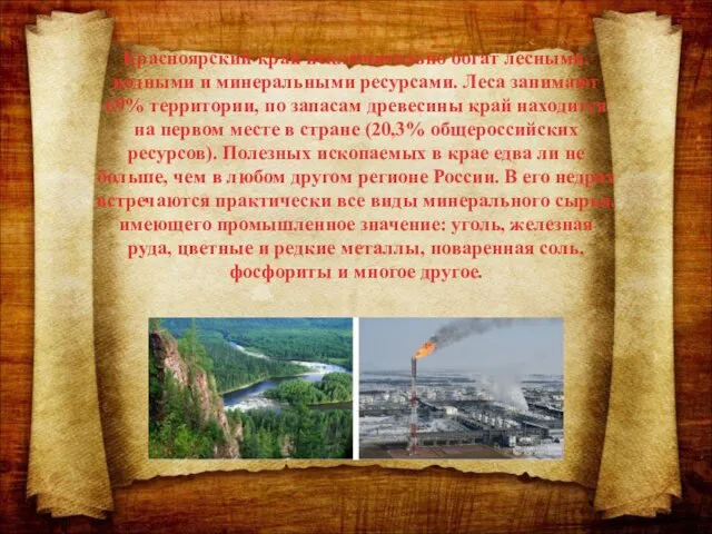 Красноярский край исключительно богат лесными, водными и минеральными ресурсами. Леса занимают 69%