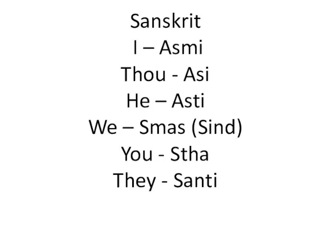 Sanskrit I – Asmi Thou - Asi He – Asti We –