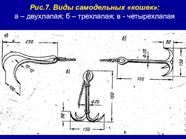 Рис.7. Виды самодельных «кошек»: а – двухлапая; б – трехлапая; в - четырехлапая