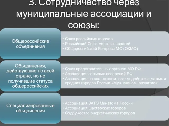 3. Сотрудничество через муниципальные ассоциации и союзы: