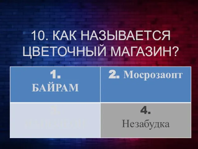 10. КАК НАЗЫВАЕТСЯ ЦВЕТОЧНЫЙ МАГАЗИН?