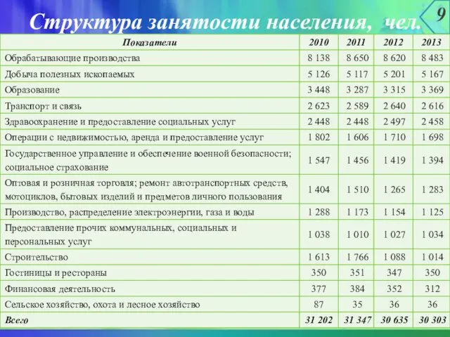 Структура занятости населения, чел. 9