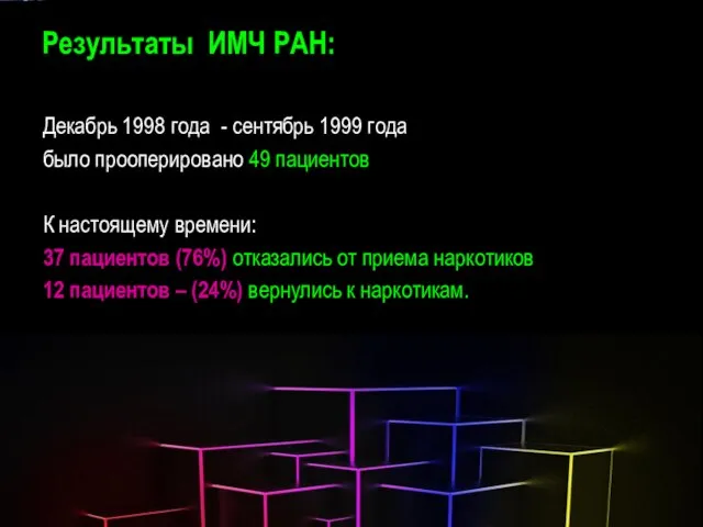Результаты ИМЧ РАН: Декабрь 1998 года - сентябрь 1999 года было прооперировано