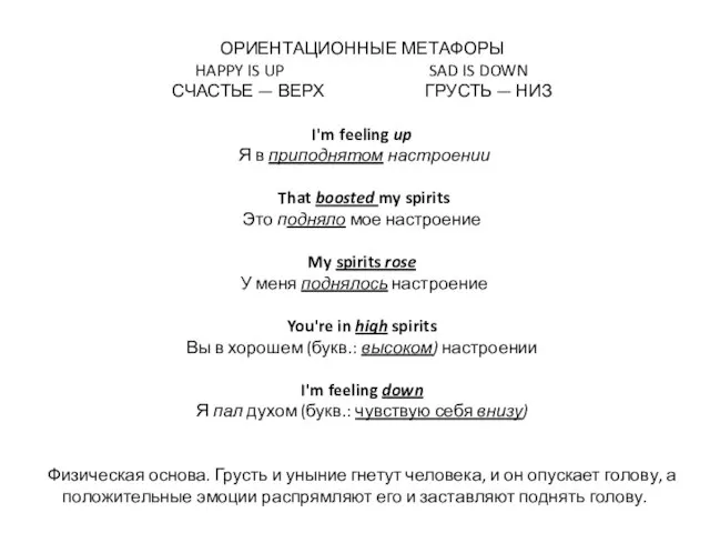 ОРИЕНТАЦИОННЫЕ МЕТАФОРЫ HAPPY IS UP SAD IS DOWN СЧАСТЬЕ — ВЕРХ ГРУСТЬ