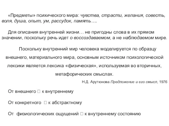 «Предметы» психического мира: чувства, страсти, желания, совесть, воля, душа, опыт, ум, рассудок,