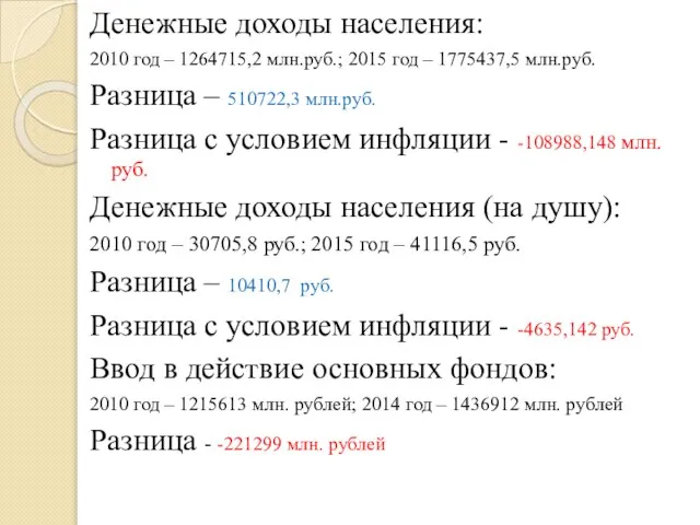 Денежные доходы населения: 2010 год – 1264715,2 млн.руб.; 2015 год – 1775437,5