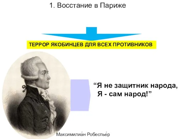 1. Восстание в Париже Политика якобинцев ТЕРРОР ЯКОБИНЦЕВ ДЛЯ ВСЕХ ПРОТИВНИКОВ “Я