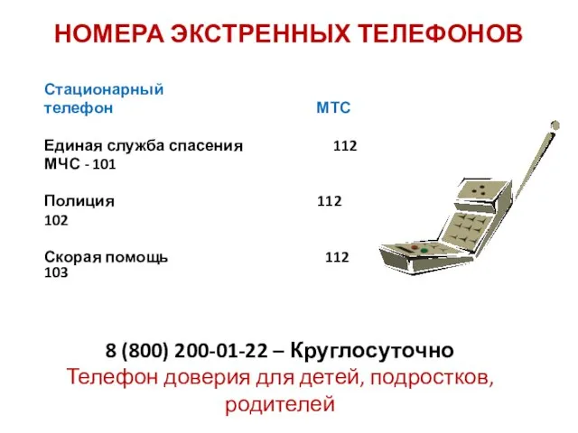 НОМЕРА ЭКСТРЕННЫХ ТЕЛЕФОНОВ Стационарный телефон МТС Единая служба спасения 112 МЧС -