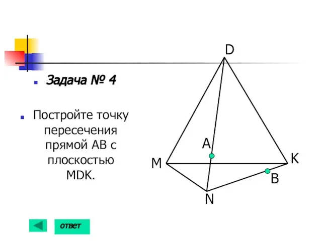 Задача № 4 Постройте точку пересечения прямой АВ с плоскостью MDK. А B ответ