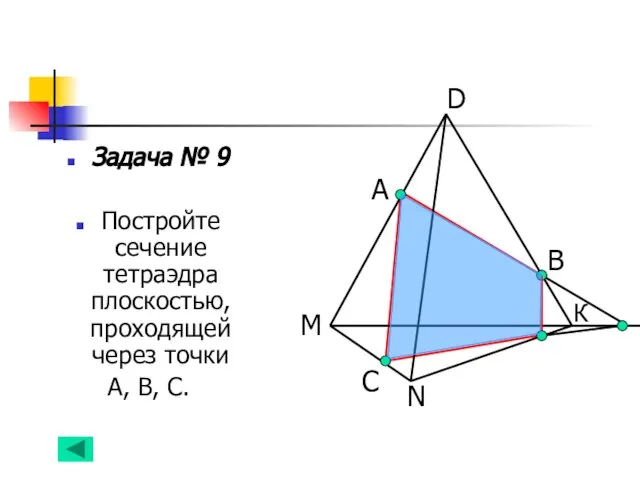 Задача № 9 Постройте сечение тетраэдра плоскостью, проходящей через точки А, В,