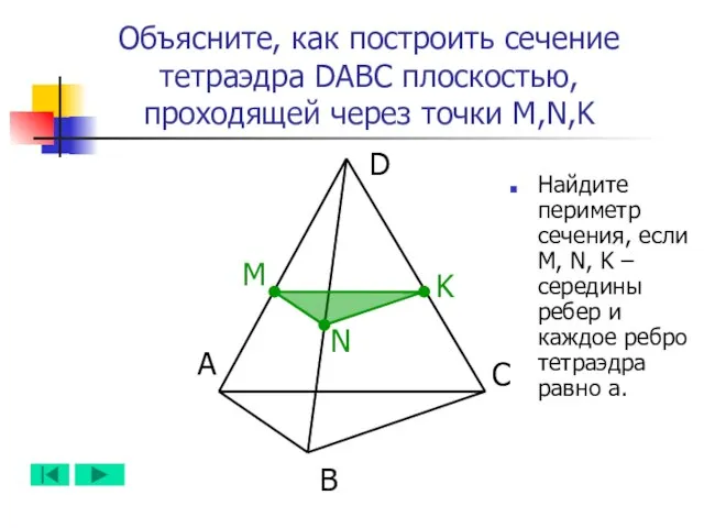 А B D C N M K Объясните, как построить сечение тетраэдра