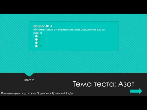 Ответ 2 Презентацию подготовил Подгорнов Григорий 9 «Д» Тема теста: Азот