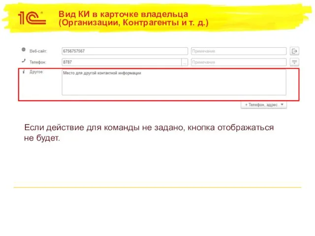 Вид КИ в карточке владельца (Организации, Контрагенты и т. д.) Если действие