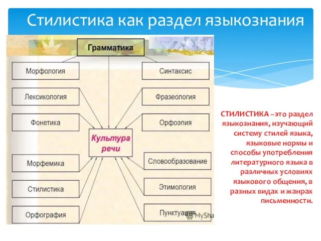 Стилистика как раздел языкознания СТИЛИСТИКА –это раздел языкознания, изучающий систему стилей языка,