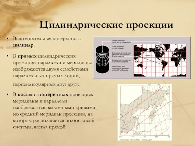 Цилиндрические проекции Вспомогательная поверхность – цилиндр. В прямых цилиндрических проекциях параллели и