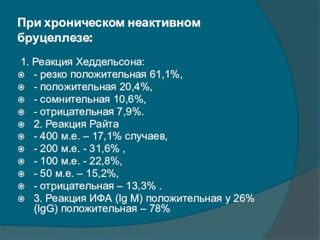 При хроническом неактивном бруцеллезе: 1. Реакция Хеддельсона: - резко положительная 61,1%, -