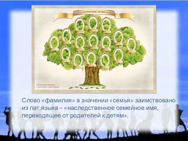 Слово «фамилия» в значении «семья» заимствовано из лат.языка – «наследственное семейное имя,