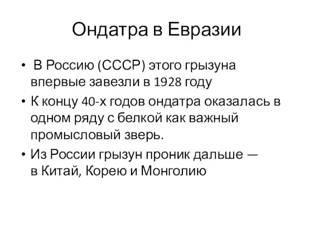 Ондатра в Евразии В Россию (СССР) этого грызуна впервые завезли в 1928