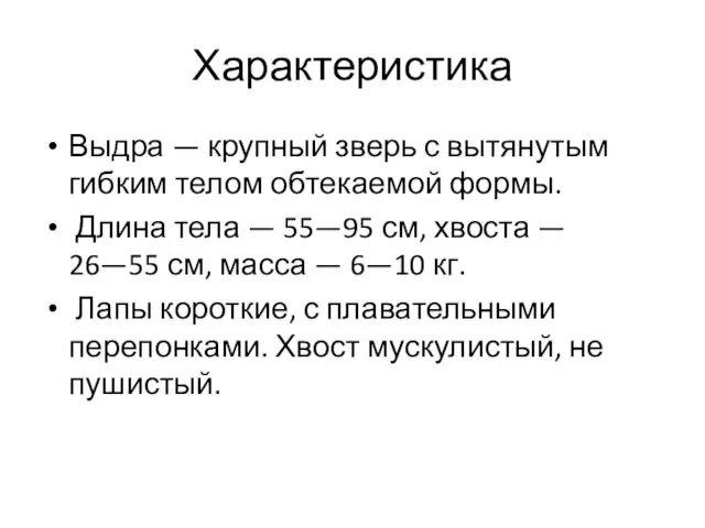 Характеристика Выдра — крупный зверь с вытянутым гибким телом обтекаемой формы. Длина