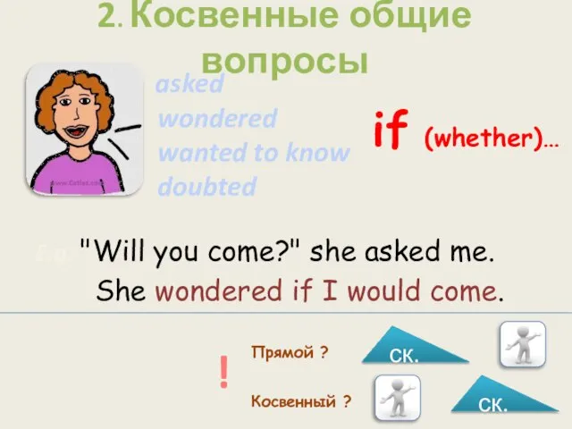 2. Косвенные общие вопросы asked wondered wanted to know doubted E.g. "Will
