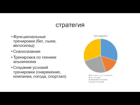 стратегия Функциональные тренировки (бег, лыжи, велосипед) Скалолазание Тренировка по технике альпинизма Создание