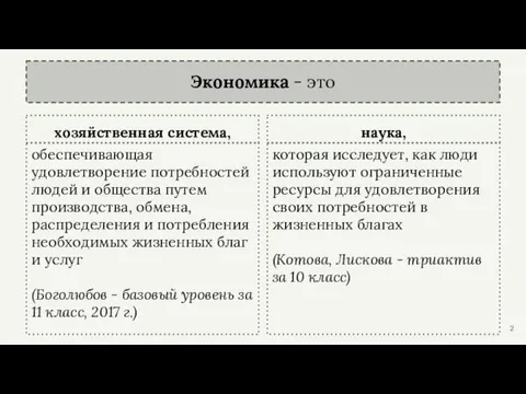 Экономика - это хозяйственная система, обеспечивающая удовлетворение потребностей людей и общества путем