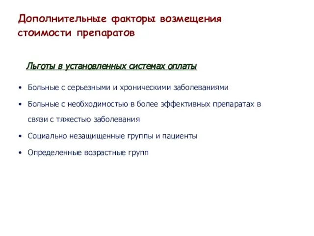 Дополнительные факторы возмещения стоимости препаратов Льготы в установленных системах оплаты Больные с