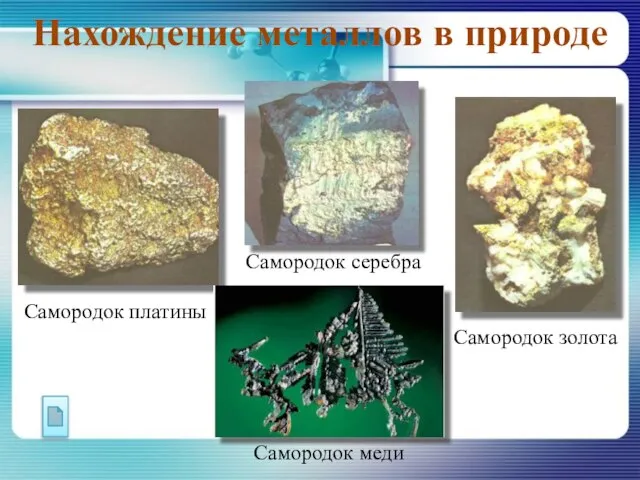 Самородок платины Самородок серебра Самородок золота Самородок меди Нахождение металлов в природе