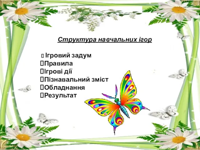 Структура навчальних ігор Ігровий задум Правила Ігрові дії Пізнавальний зміст Обладнання Результат