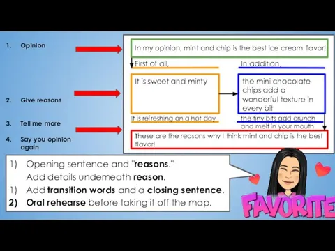 Opening sentence and "reasons." Add details underneath reason. Add transition words and