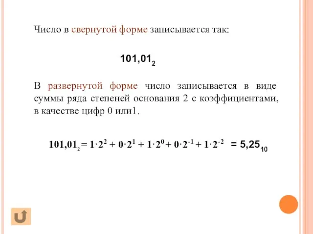 В развернутой форме число записывается в виде суммы ряда степеней основания 2
